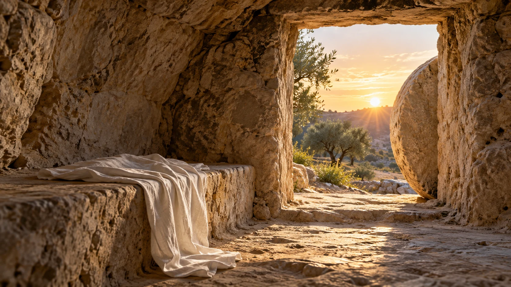 An empty burial bench and linen inside an artist’s reconstruction of a rock-cut tomb at dawn.