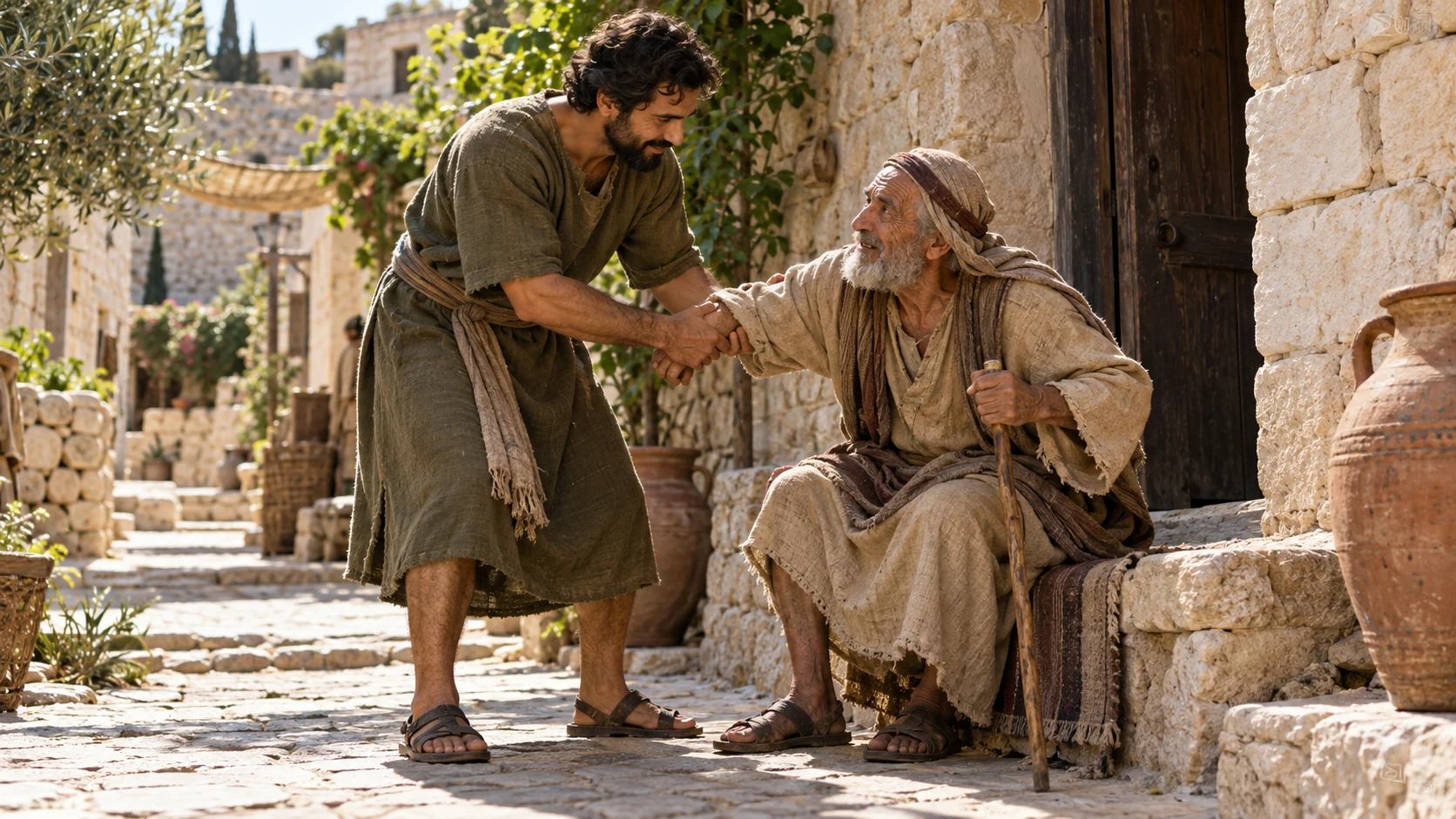 A man helps an elderly neighbor rise from a seat in a village lane.