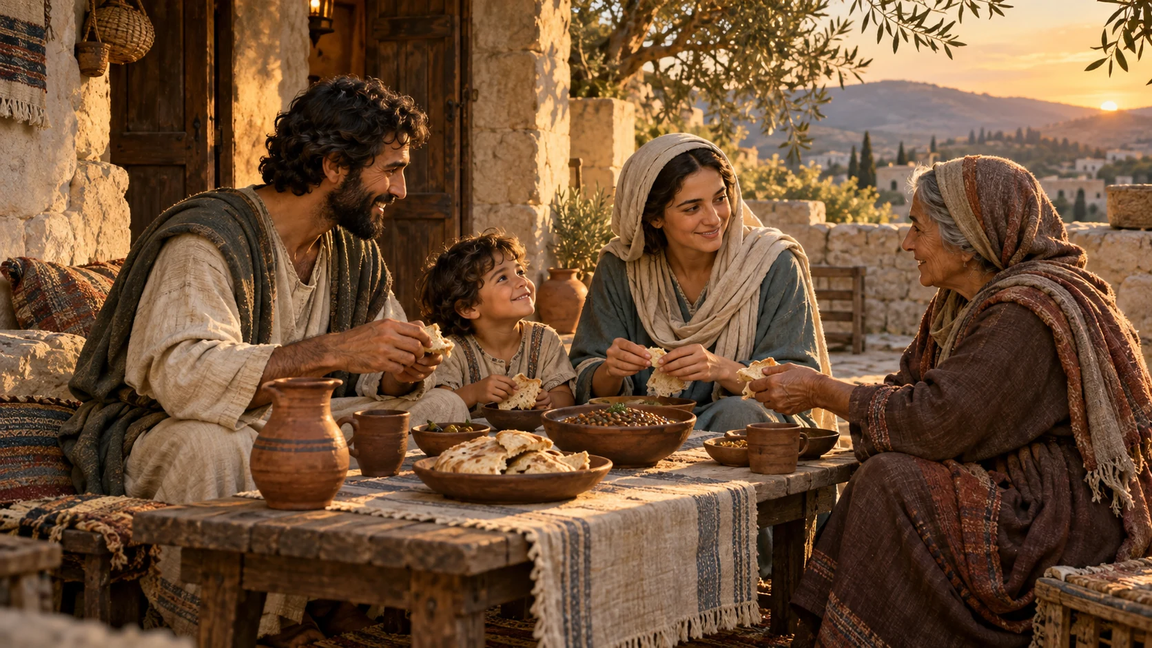 A modest household shares bread and a simple meal with an older woman in a stone courtyard.