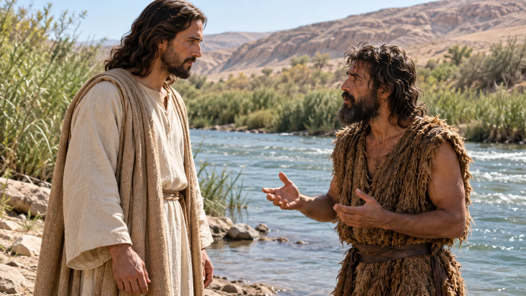 Jesus speaks with John the Baptist at the bank of the Jordan River.