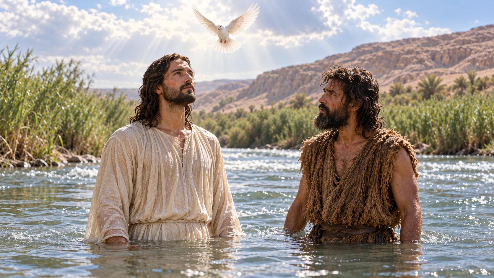 Jesus and John stand in the Jordan after the baptism, with a dove descending above.