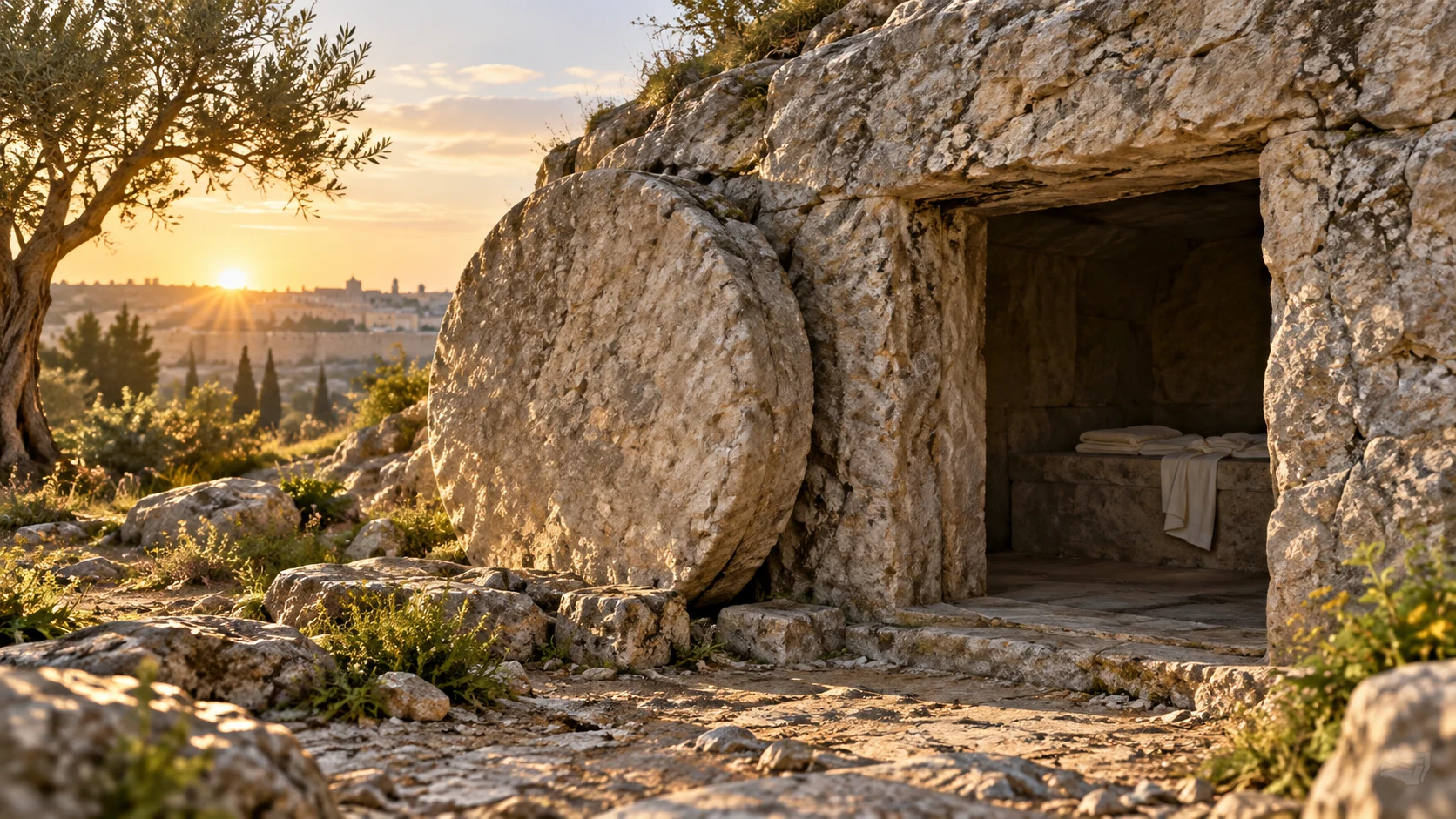 An artist’s illustration of an empty rock-cut tomb with the stone moved aside at dawn.