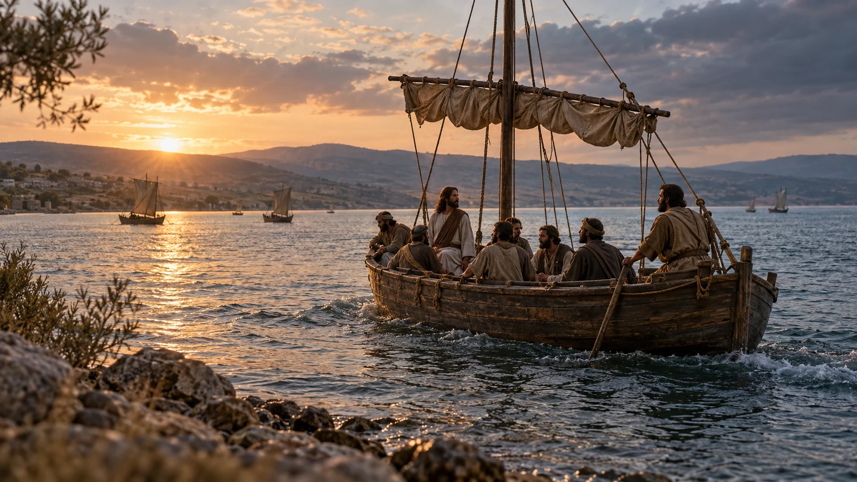 Jesus and His disciples aboard a wooden fishing boat on the Sea of Galilee at evening.