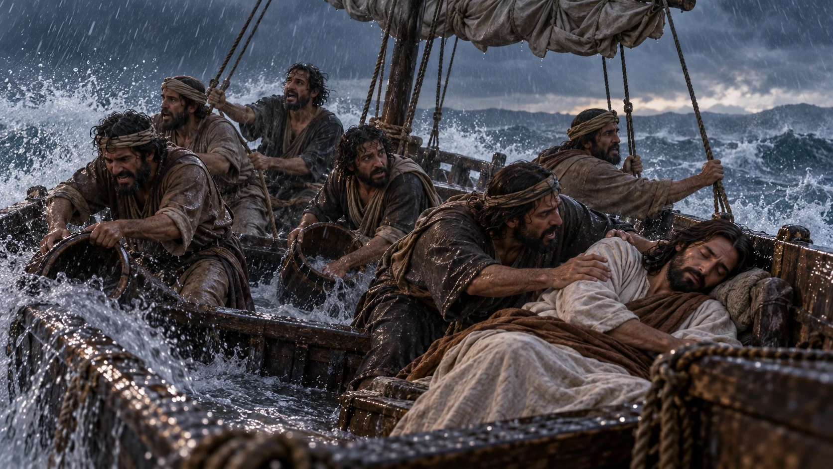 Waves break against the disciples’ boat while Jesus rests in the stern.