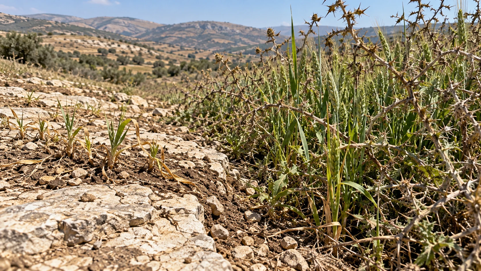 Small plants wilt in shallow rocky soil beside grain crowded by thorny weeds.