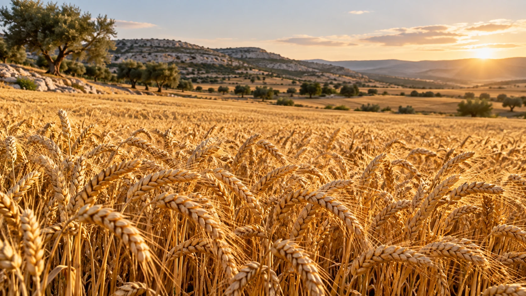Ripe wheat fills a field in warm evening light.