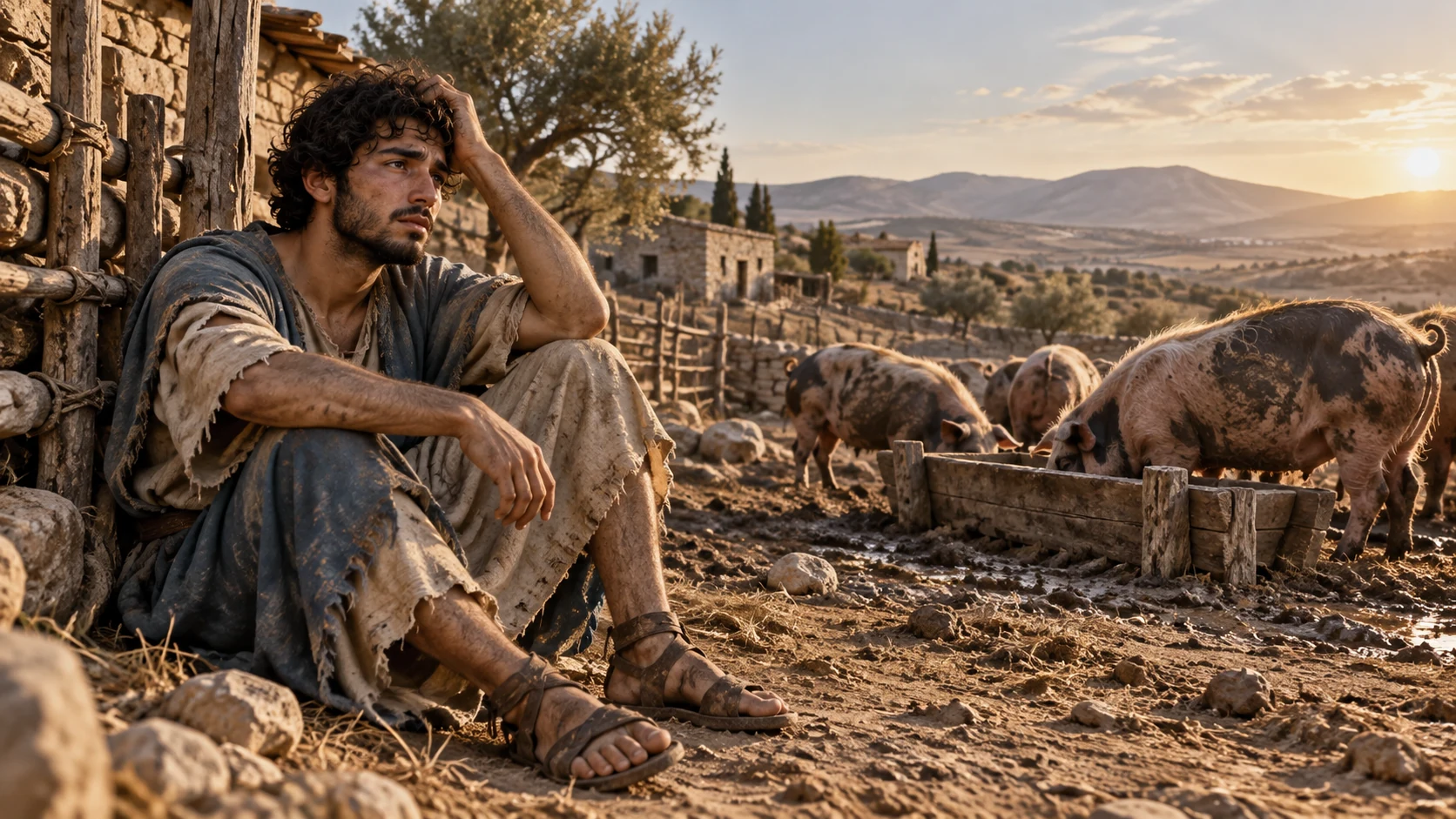 The younger son sits hungry beside a pig enclosure in a distant country.