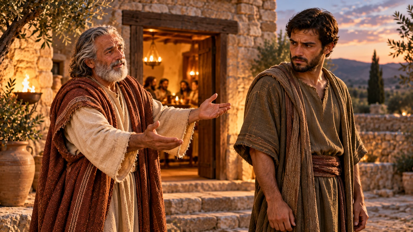 The father appeals to his older son outside a house where a celebration is taking place.