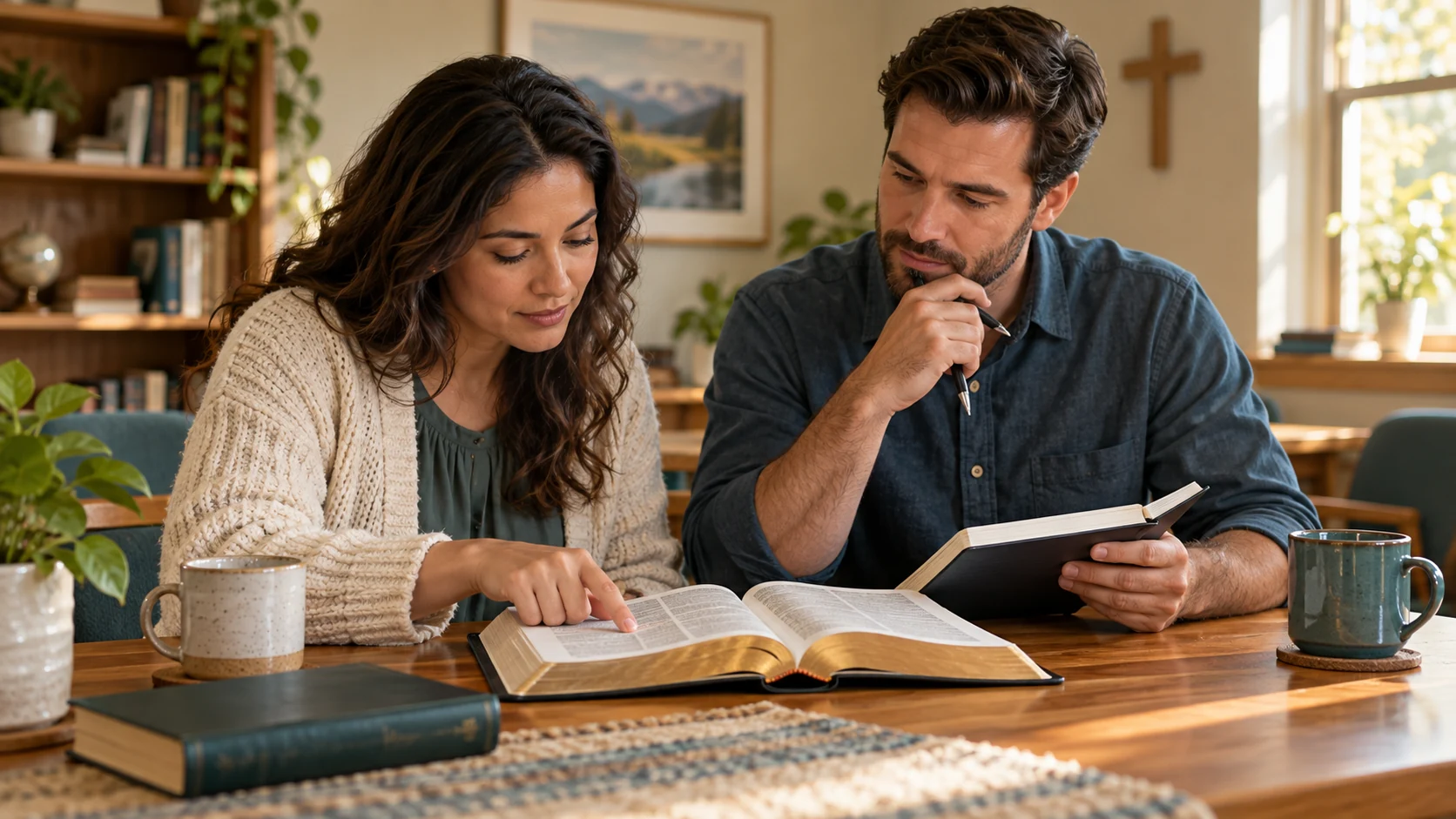 Two adults thoughtfully examine an open Bible together at a table.