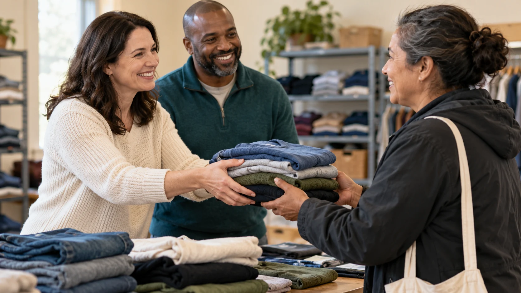 Adult volunteers share a stack of folded clothing with a neighbor.