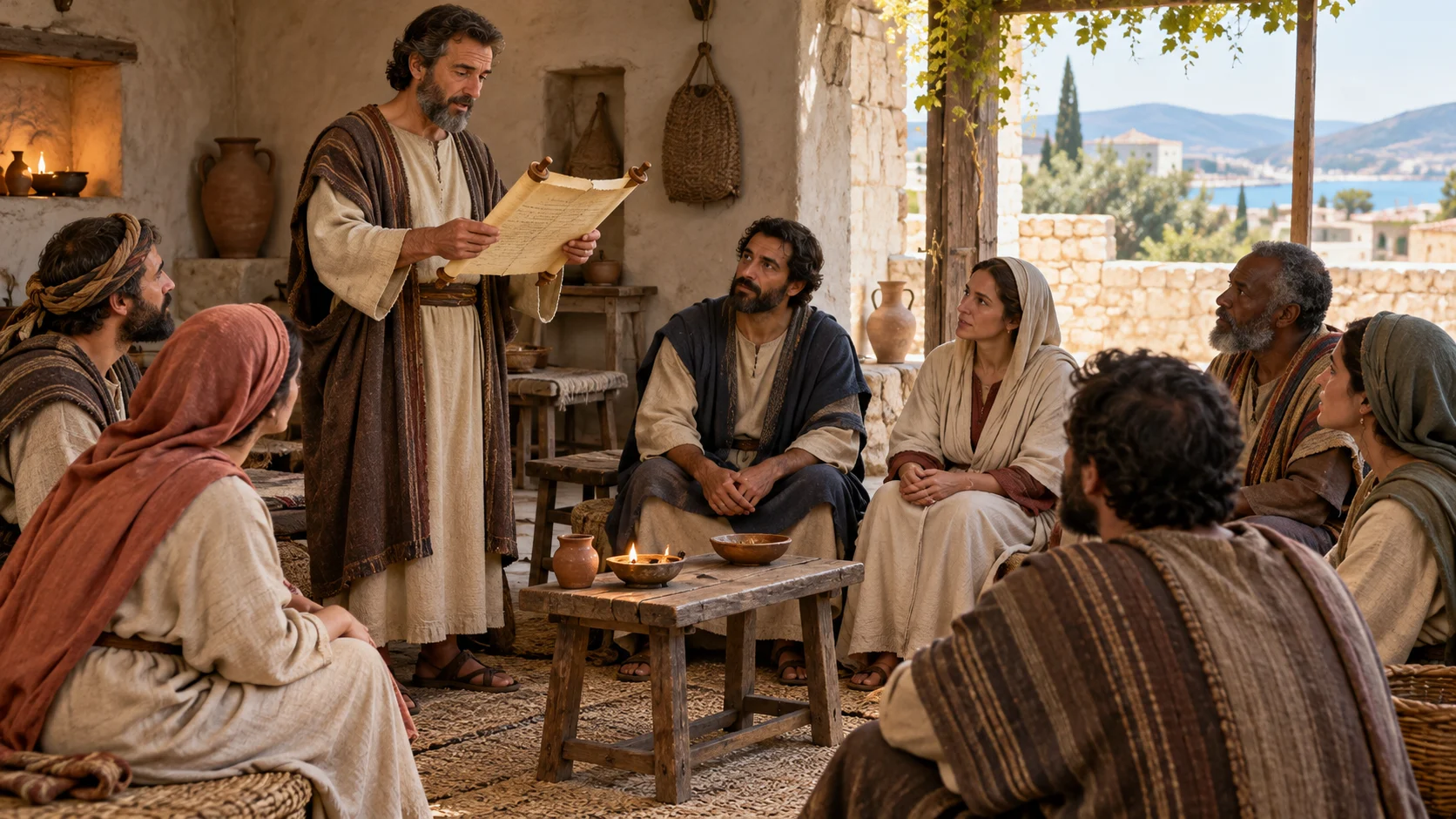 An imagined first-century congregation listening as a scroll is read aloud.