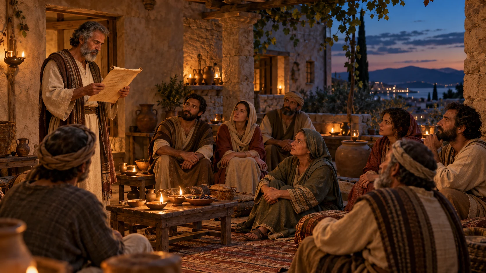 An imagined first-century congregation gathered in a courtyard to hear a letter read aloud.