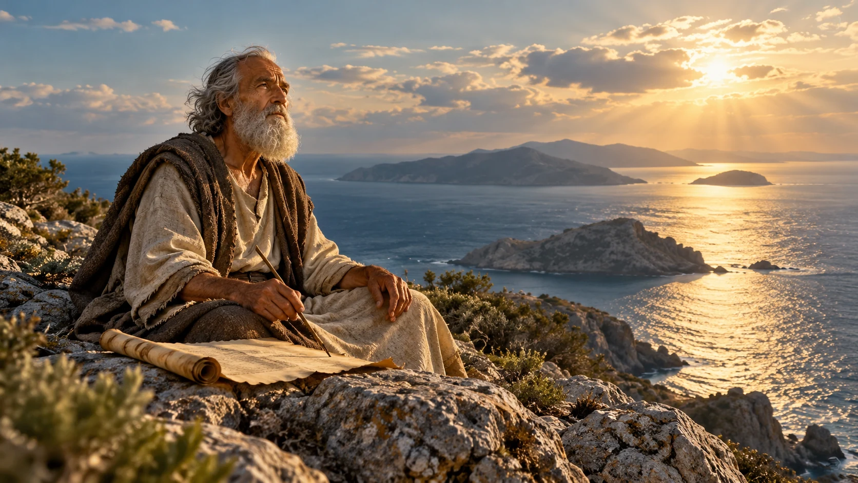 An imagined elderly John beside a manuscript on the rocky coast of Patmos.
