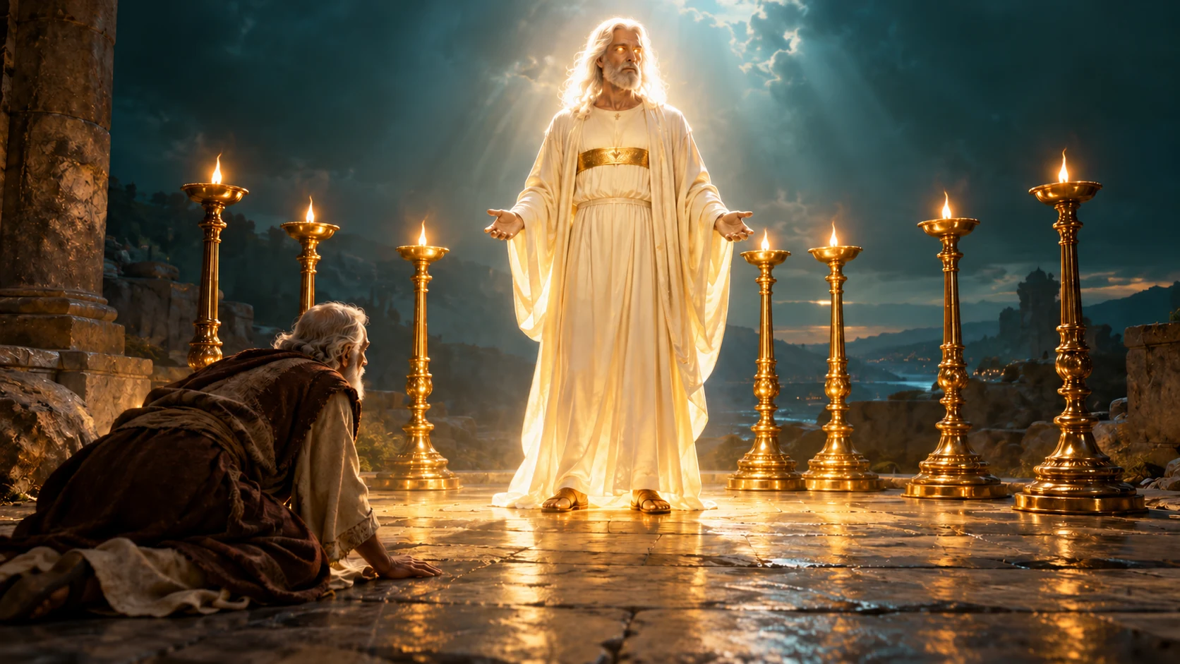An imagined symbolic scene of Jesus among seven golden lampstands while John kneels nearby.