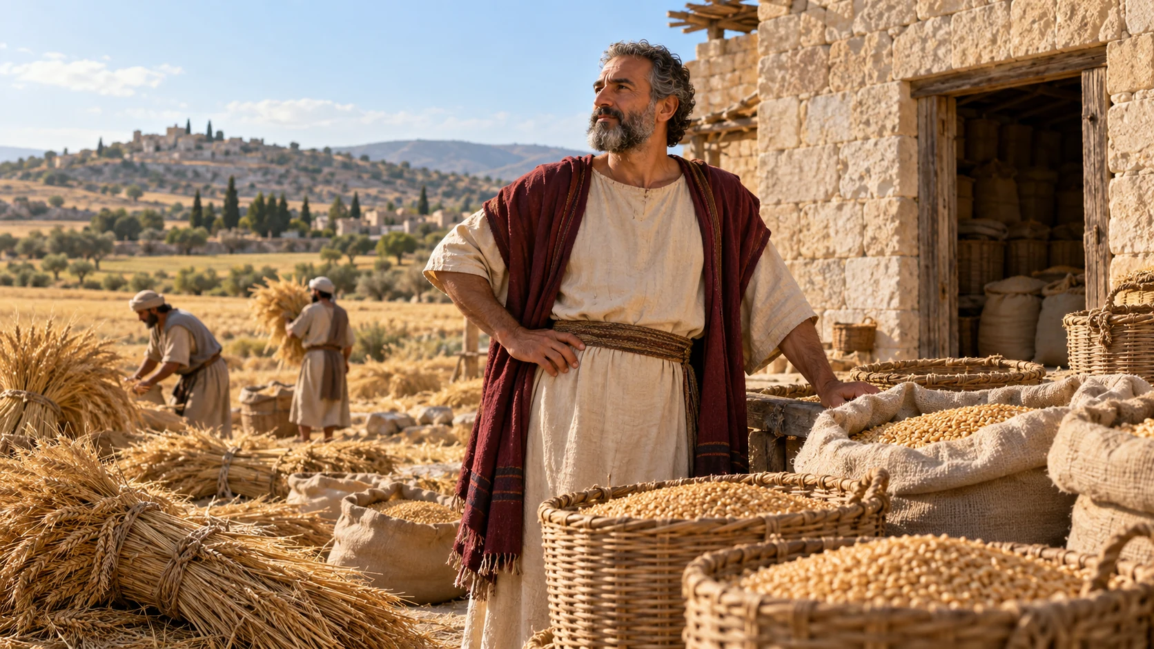 A prosperous landowner stands beside baskets and sacks filled from an abundant grain harvest.