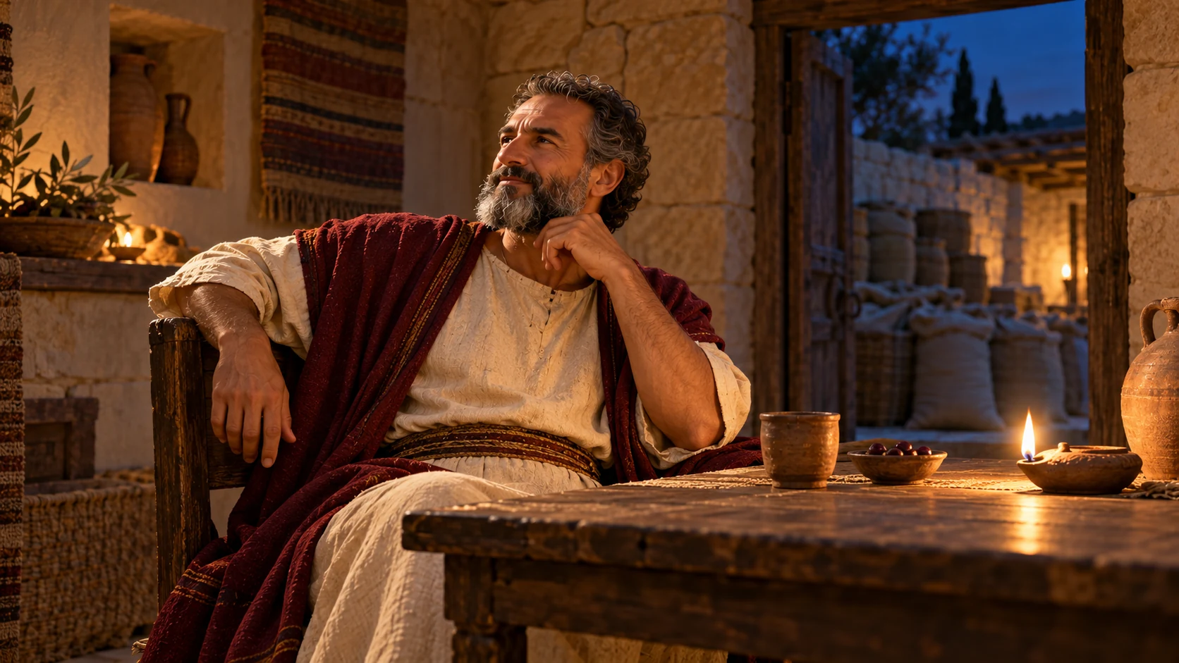 The landowner sits at a lamplit table as night falls beyond his grain-filled courtyard.